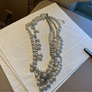 Erica Lyons Brand Elegant Silver and White Pearl Long Necklace 3 Strands